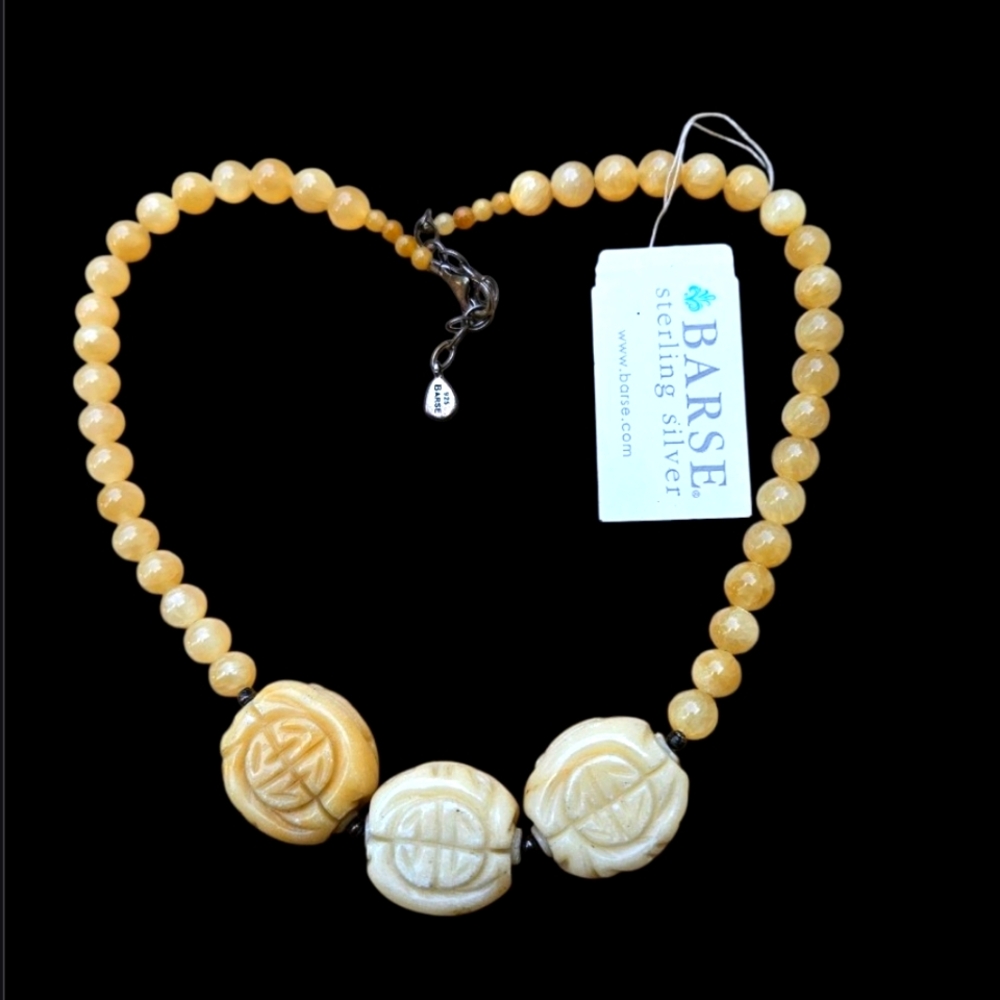 925 NWT Barse Carved Large Yellow Jasper Polished Choker  Necklace.